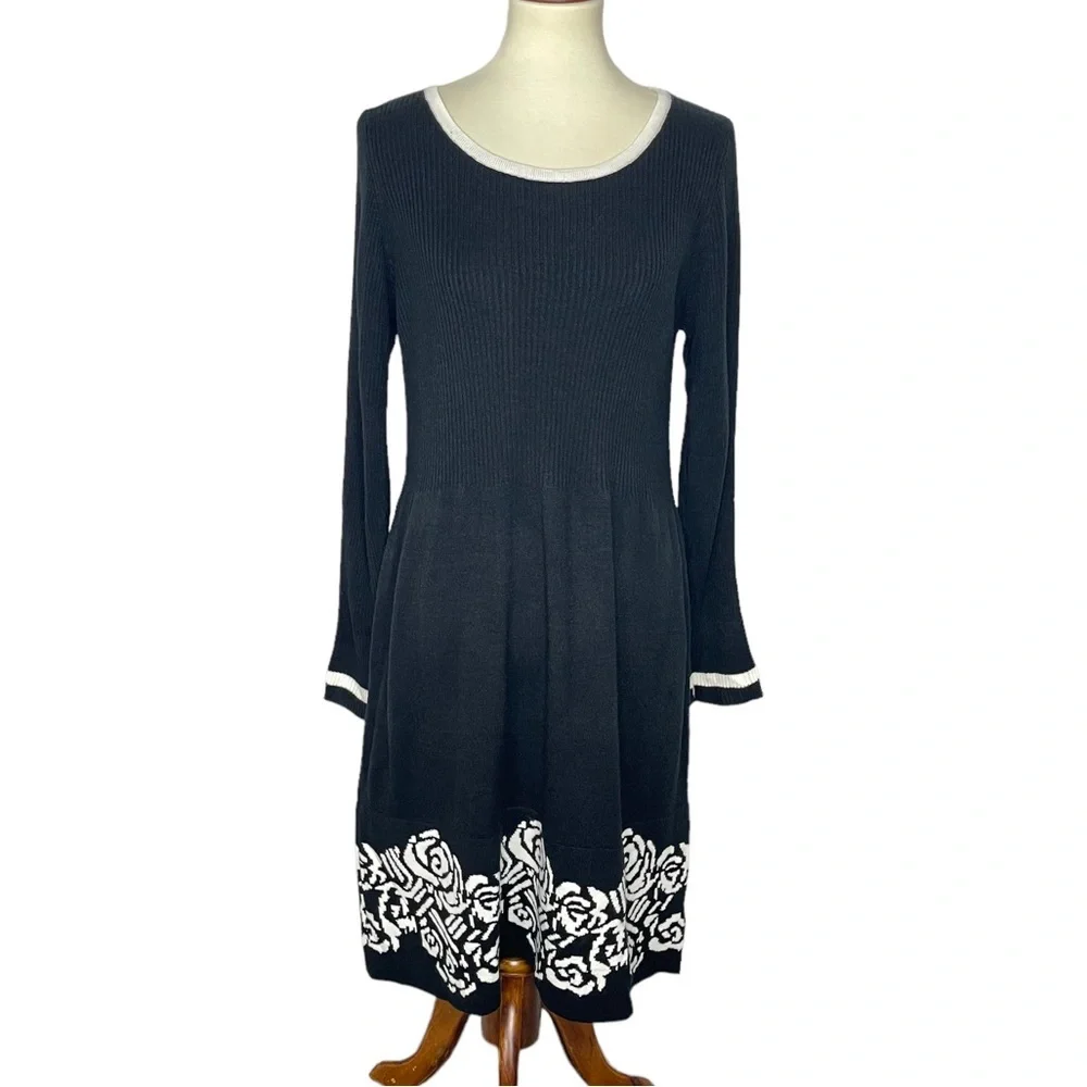 London Times Dress Womens Large Black White‎ Rose Ribbed Knit Sweater Acrylic